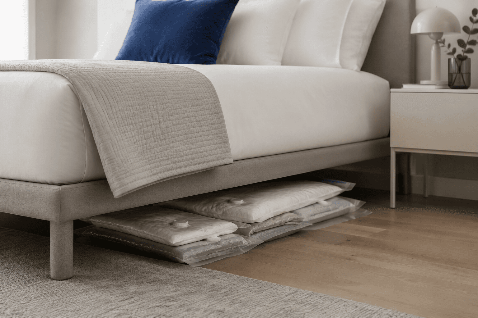 Vacuum compressed bedding stored flat