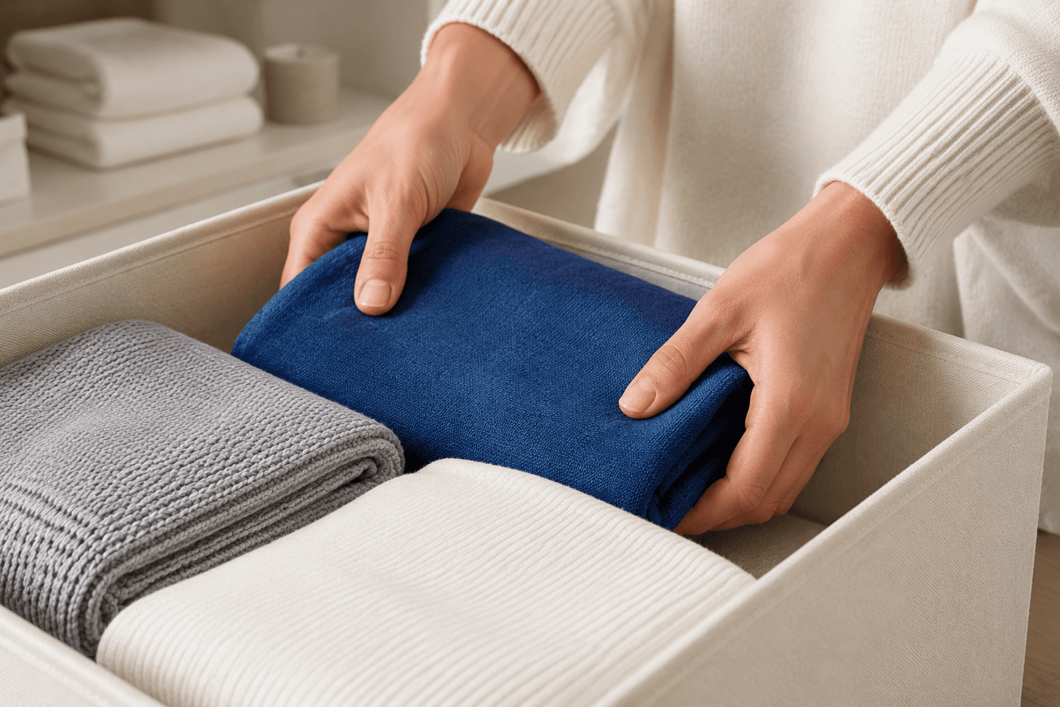Hands placing folded textiles into a storage box